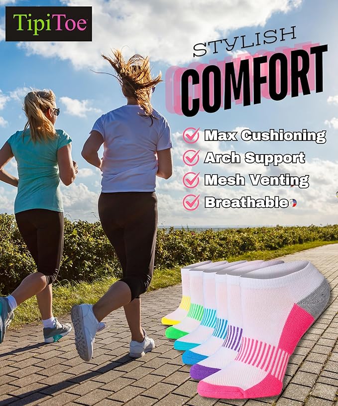Tipi Toe Women's Athletic Cushioned Comfort Ankle Socks With Arch Support, Mesh Design. Perfect for Running & Sports (6 Pack)