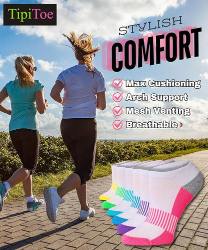 Tipi Toe Women's Athletic Cushioned Comfort Ankle Socks With Arch Support, Mesh Design. Perfect for Running & Sports (6 Pack)