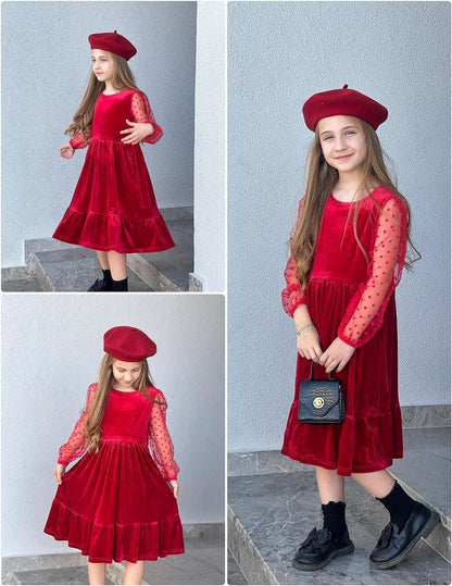 Arshiner Girls Dresses Contrast Mesh Velvet Long Sleeve A-Line Vintage Party Dress with Pockets
