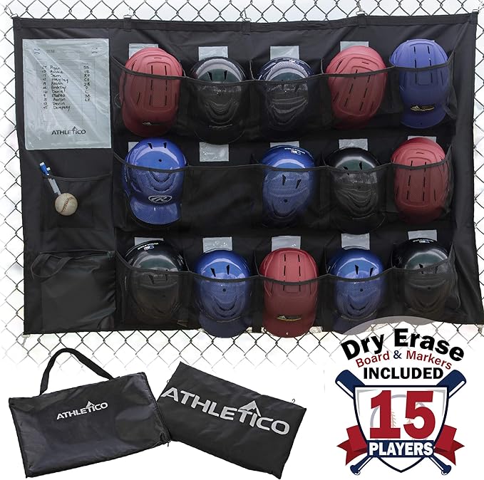 Athletico 15 Player Dugout Organizer - Hanging Baseball Helmet Bag to Organize Baseball Equipment Including Gloves, Helmets, Batting Gloves, Balls,  More