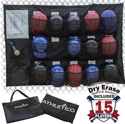 Athletico 15 Player Dugout Organizer - Hanging Baseball Helmet Bag to Organize Baseball Equipment Including Gloves, Helmets, Batting Gloves, Balls,  More