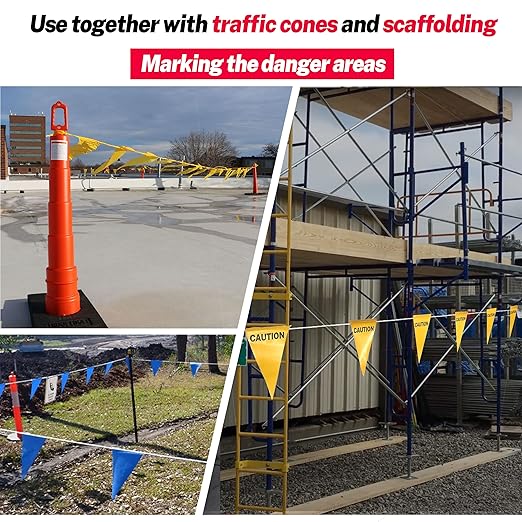 Fluorescent Orange OSHA Perimeter Marking Flags (102FT string) Warn of hazardous areas, traffic control.Marking construction sites, scaffolding, sporting events, private property.