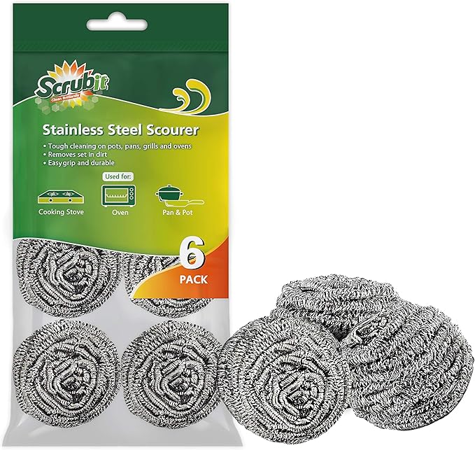 SCRUBIT 6 Pack Stainless Steel Scourers  Steel Wool Scrubber Pad Used for Dishes, Pots, Pans, and Ovens. Easy scouring for Tough Kitchen Cleaning.