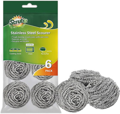 SCRUBIT 6 Pack Stainless Steel Scourers  Steel Wool Scrubber Pad Used for Dishes, Pots, Pans, and Ovens. Easy scouring for Tough Kitchen Cleaning.