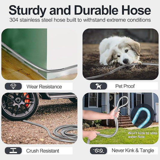 50ft 304 Stainless Steel Garden Hose Metal, Heavy Duty Water Pipe with Nozzles for Yard, Outdoor - Flexible, Never Kink & Tangle, Puncture Resistant (Sliver)