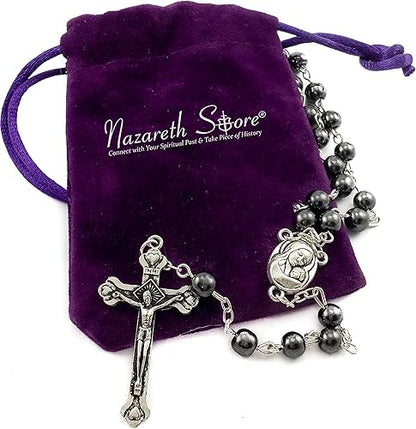 Nazareth Store unisex-adult Hematite Rosary Black Stone Beads Necklace with Jerusalem Holy Soil  Cross Antique Religious Rosaries Beads Collection