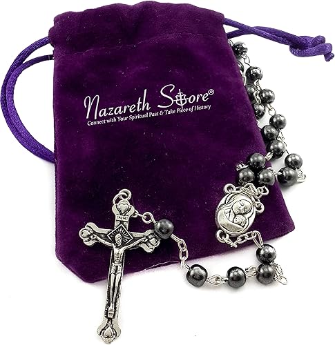 Nazareth Store unisex-adult Hematite Rosary Black Stone Beads Necklace with Jerusalem Holy Soil  Cross Antique Religious Rosaries Beads Collection