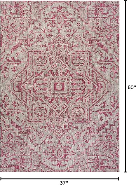 Eyely BMS105F-3 Santa Monica Estrella Bohemian Medallion Textured Weave IndoorOutdoor Area Rug Vintage, Bedroom, Backyard, Patio, Easy-Cleaning, Non-Shedding, 3 X 5, Light GrayFuchsia