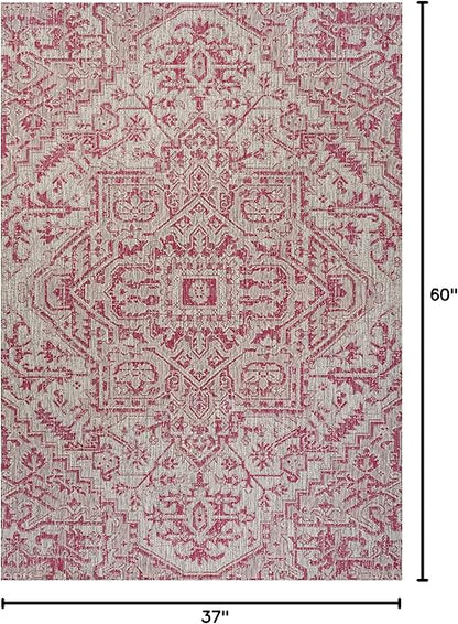 Eyely BMS105F-3 Santa Monica Estrella Bohemian Medallion Textured Weave IndoorOutdoor Area Rug Vintage, Bedroom, Backyard, Patio, Easy-Cleaning, Non-Shedding, 3 X 5, Light GrayFuchsia