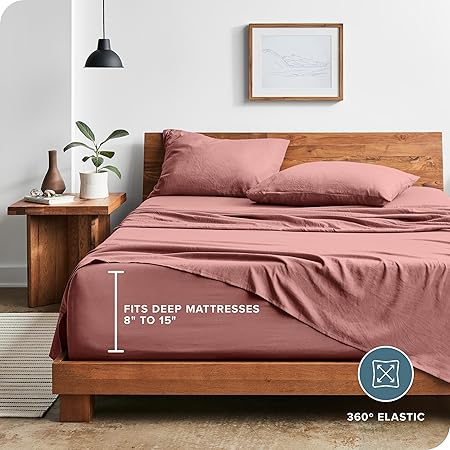 Bare Home Ultra Soft Washed Microfiber 4 Piece Sheet Set, Linen-Like Look, Easy Care, Hypoallergenic, Deep Pocket up to 15, 1 Fitted Sheet, 1 Flat Sheet, 2 Std. Pillowcases (Queen, Dusty Rose)