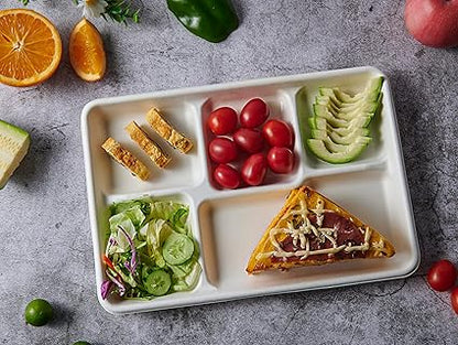 Vplus 100 Compostable 5 Compartment Paper Plates, 100 Pack, 12.5 x 8.6 inch Disposable School Lunch Trays, Eco-Friendly Bagasse Plates for Buffet, and Party