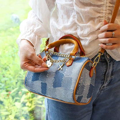 Mini Small Denim Purse Jean Boston Barrel Bags Quilted Checkered Top Handle Canvas Tote Crossbody bags Satchel Handbag for Women,Blue