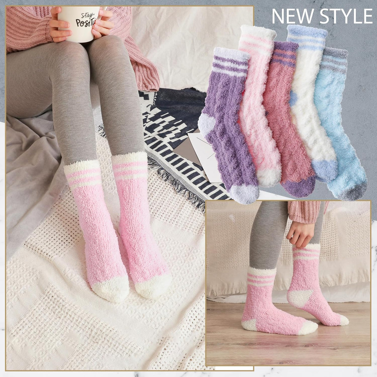 EBMORE Womens Fuzzy Socks Fleece Fluffy Cabin Plush Warm Sleep Soft Cozy Winter Adult Socks 6 Packs ( Candy Color Stripe )