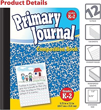 Better Office Products Primary Journal, Hardcover, Primary Composition Book Notebook - Grades K-2, 100 Sheet, One Subject, 9.75" x 7.5", Blue Cover-12 Pack