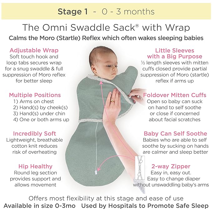 SwaddleDesigns Omni Swaddle Sack Arms Up Half-Length Sleeves  Mitten Cuffs, Easy Swaddle Transition, Heathered Gray, 0-3 Mo