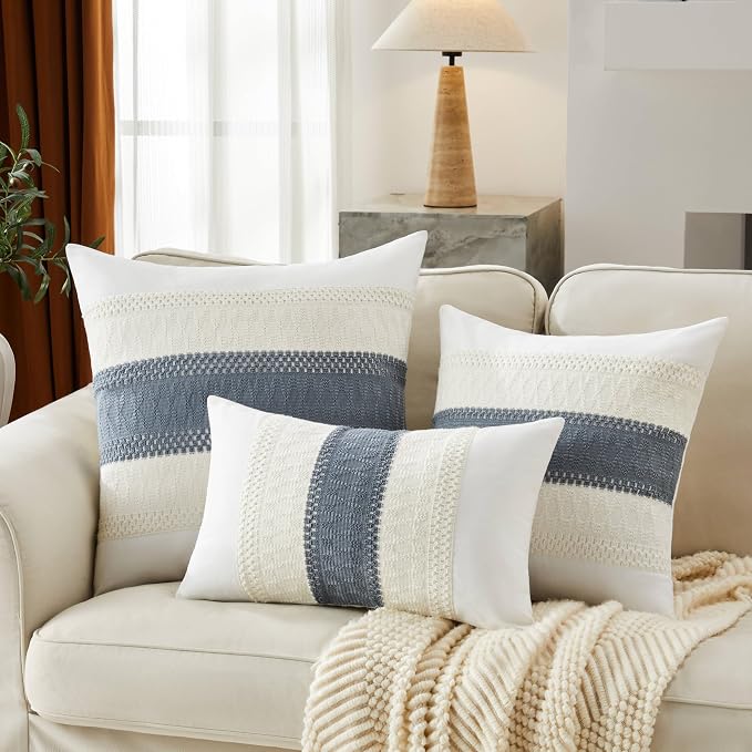2pk Boho Pillow Covers 22x22, Natural White/Contrast/Navy
