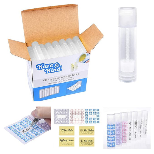 Lip Balm Container Tubes - 50-Pack - DIY - Transparent- 316 Oz (5.5 ml) - Including 50 Writeable  50 Printed Lip Balm Stickers - Twist Mechanism and a Cap - Empty