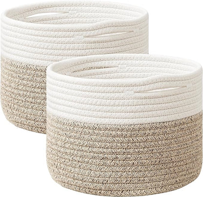 UBBCARE 2 Pack Small Basket for Organizing, Round Woven Basket With Handles, Small Storage Basket for decor, Beige  Brown Cotton Rope Basket (9.5" x 9.5" x 7.1")