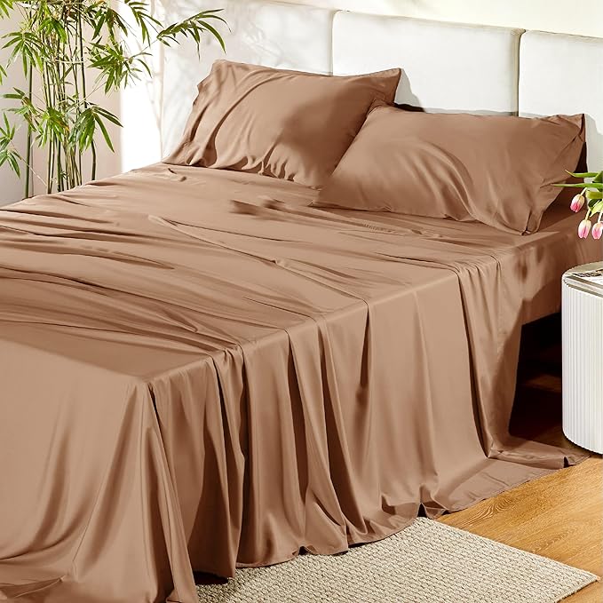 Bedsure Full Size Bed Sheets, Cooling Sheets for Full Size, Rayon Derived from Bamboo, Breathable  Soft Deep Pocket Up to 16 Inches, Hotel Luxury Silky Bedding, Bedsheet  Pillowcases, Taupe