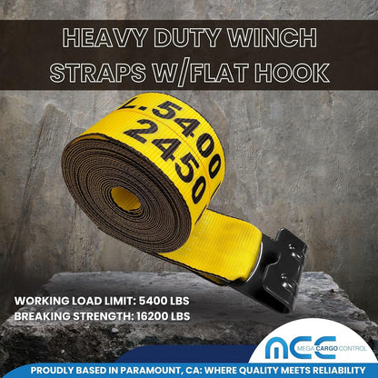 Yellow 4" Flat Hook Trailer Winch Straps, 1 Pack of 30' Long Flatbed Hauling, Securing Straps for Cargo, Equipment, Construction