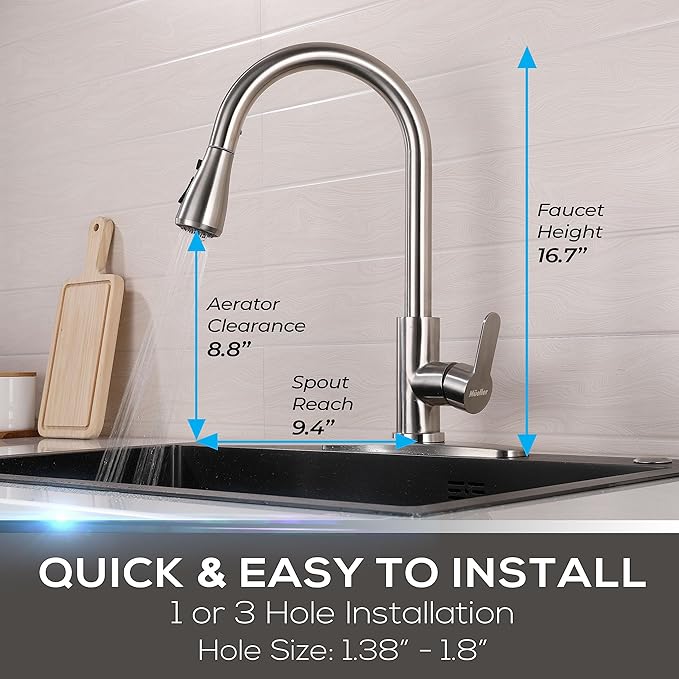 Mueller Single Handle Stainless Steel Kitchen Sink Faucet, High Arc, Single Lever, Pull-Out Sprayer Head, Stream Flow, Powerful Spray Kitchen Sink, with Deck Plate Brushed Nickel Finish