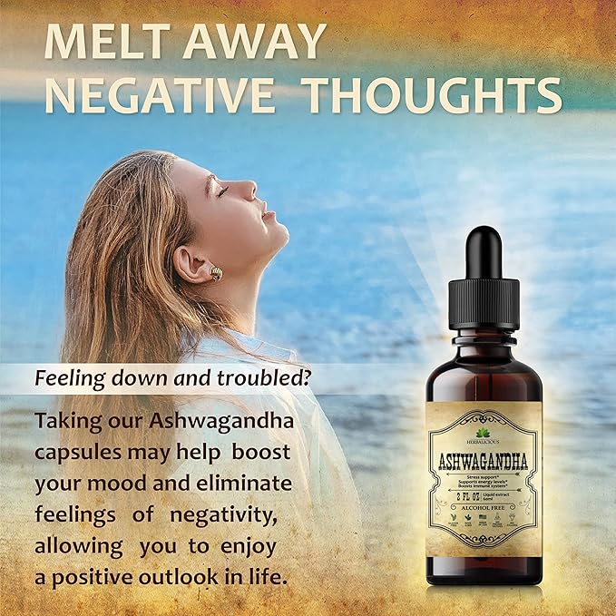 Ashwagandha Supplement Natural Withania Somnifera Root Extract Liquid Drops - Natural Stress Relief, Mood Booster, Sleep Aid  Calming Support - Non-GMO Vegetarian Formula 2Fl oz