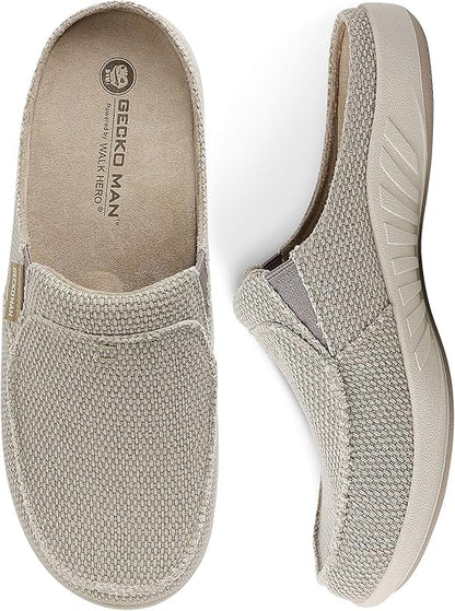 Mens Slippers with Arch Support, Canvas House Slipper for Men with Velvet Lining, Slip On Clog, Indoor Outdoor House Shoes with Anti-Skid Rubber Sole