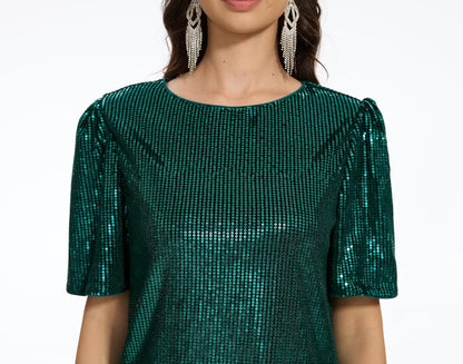 Women Puff Short Sleeve Sparkle Shift Dress Crewneck Sequin Shimmer Cocktail Party Dress