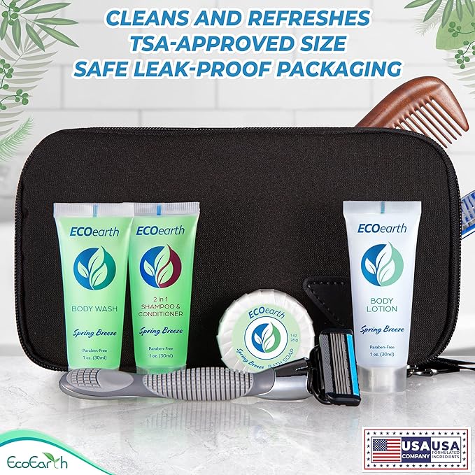 EcoEarth Travel Size Shampoo Conditioner 2-in-1 (1 fl oz, 100 PK, Spring Breeze) Delight Your Guests wRevitalizing  Refreshing Conditioning Shampoo Amenities, Small Size Hotel Toiletries in Bulk