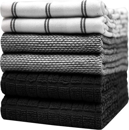 Premium Kitchen Towels (20x 28, 6 Pack)  Large Cotton Hand Towels  Flat  Terry Dish Towels  Highly Absorbent Tea Towels Set with Hanging Loop  Black Check