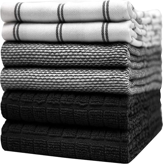 Premium Kitchen Towels (20x 28, 6 Pack)  Large Cotton Hand Towels  Flat  Terry Dish Towels  Highly Absorbent Tea Towels Set with Hanging Loop  Black Check
