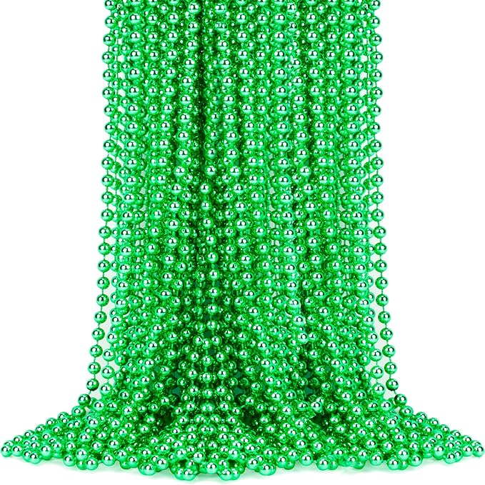 60 Pack St Patricks Day Necklace,Green Metallic Beads,33 Inch-Long Irish Saint Patrick Day Accessories, Parade Throw Accessories for Mardi Gras St. Patricks Christmas Decorations