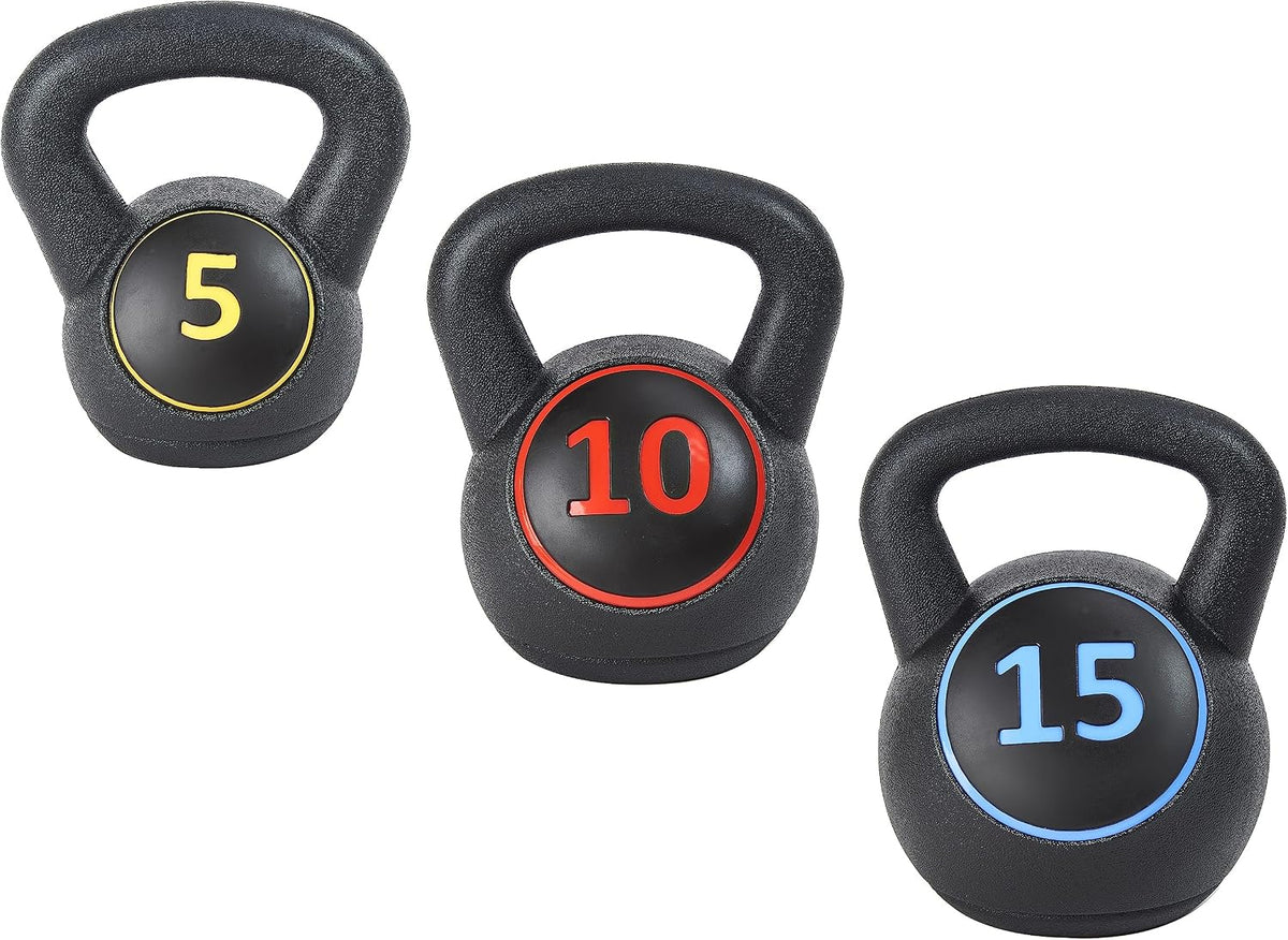?Wide Grip 3-Piece Kettlebell Exercise Fitness Weight Set, Include 5 lbs, 10 lbs, ?15 lbs? and 20 lbs, Set of 3 or Set of 4
