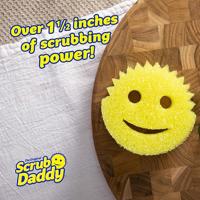 Scrub Daddy Original Dish Sponge Twin Pack, Smiley Face Sponges for Cleaning & Washing Up - Multipack Kitchen Non Scratch Scourers with FlexTexture Firm & Soft Scrubbing, Dishwashing Scrubber - Yellow