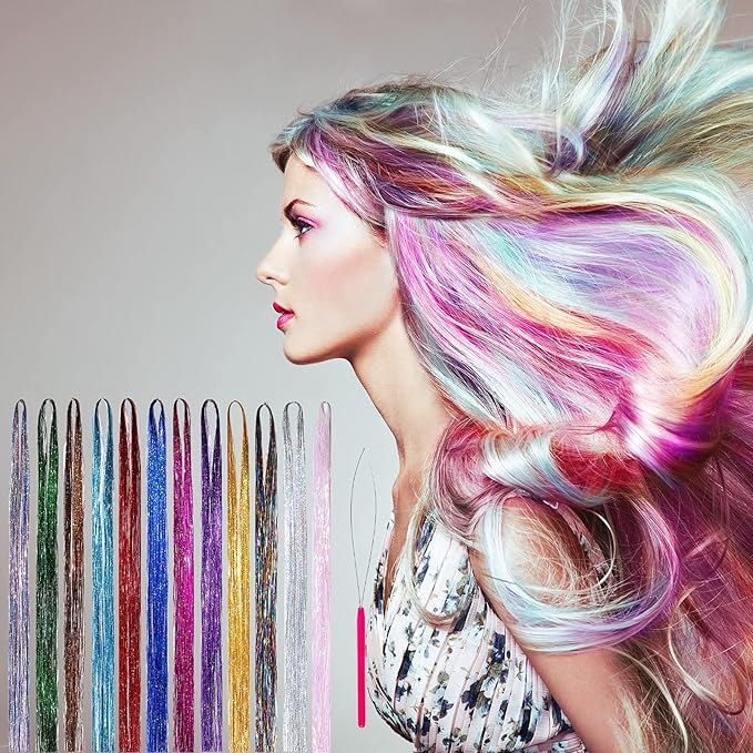Hair Tinsel Strands, 35 Inch Colored Fairy Hair Tinsel Extensions Pack for Women Girls Kids Doll