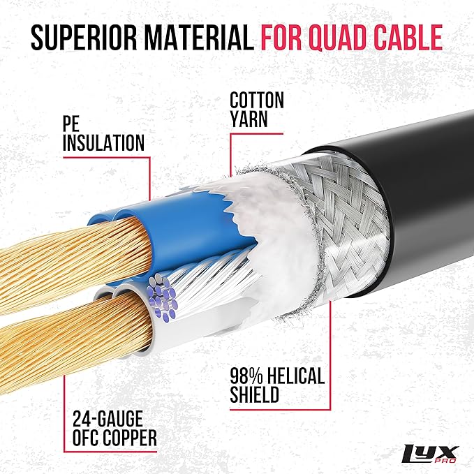 LyxPro Quad Series 25 ft XLR 4-Conductor Star Quad Balanced Microphone Cable for High End Quality and Sound Clarity, Extreme Low Noise, Black