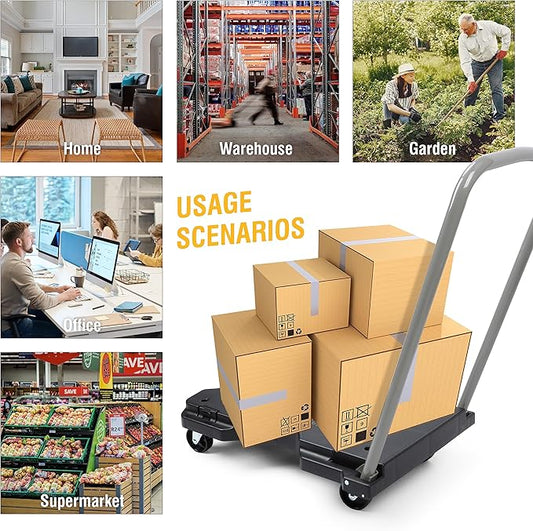 Olympia Tools Fully Folded Resin Push Cart Dolly - 330 Lb. Loading Capacity Foldable Moving Platform Cart Hand Truck - Black Collapsible Heavy Duty Folding  Rolling Flatbed Cart with 4 Swivel Wheels