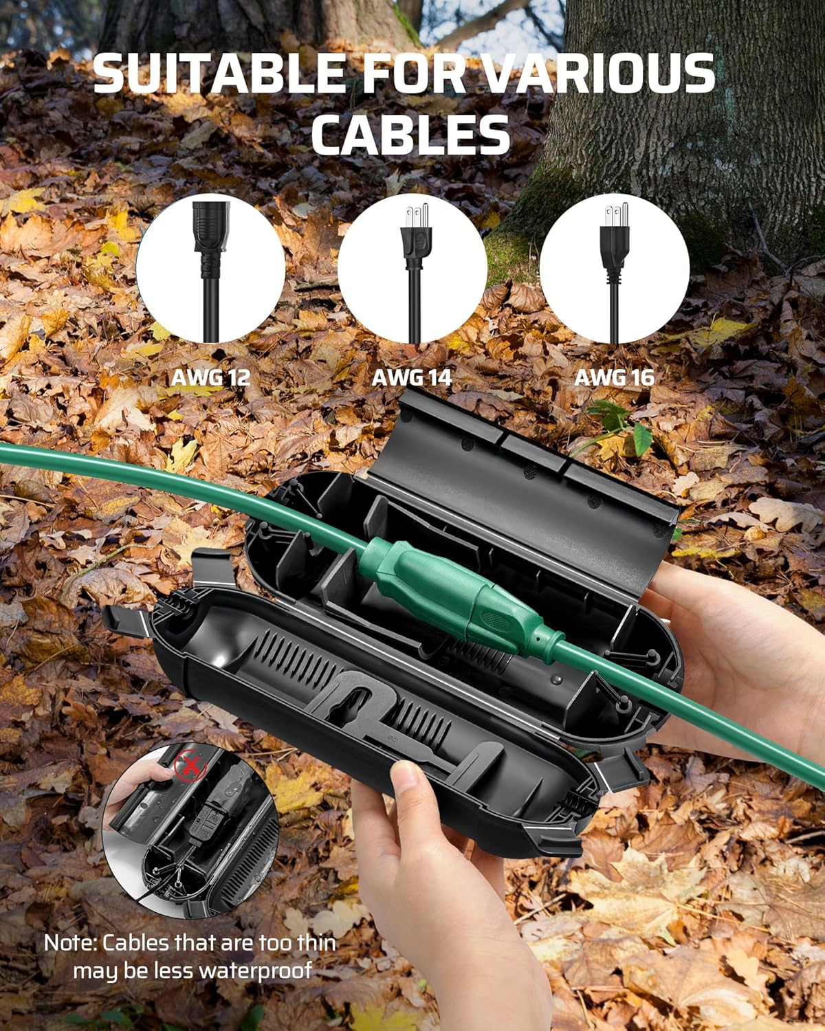 DEWENWILS [1Pack] Outdoor Extension Cord Safety Cover, Weatherproof Electrical Connection Box, Adjustable Compartment for AWG 12/14/16 Cords, Protect Holiday Decoration Lights and Plugs, Black
