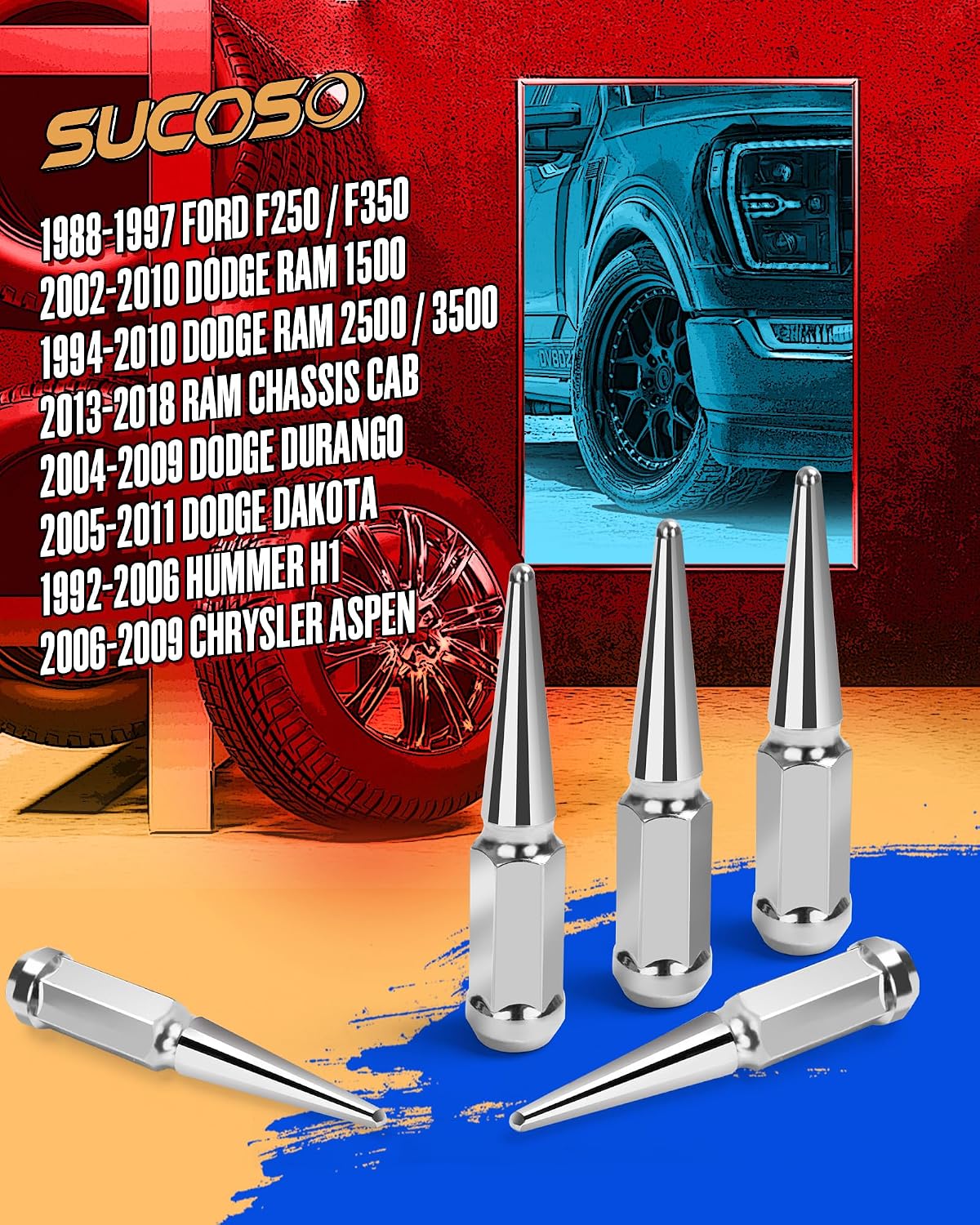 9/16-18 Spike Lug Nuts for 1994-2011 Dodge Ram 2500 3500, 2002-2010 Ram 1500, 1988-1997 Ford F250 F350, 2004-2009 Durango, 32PCS Spiked Lug Nuts 9/16-18 Chrome with Socket Key for Aftermarket Wheel (comes with silver key)