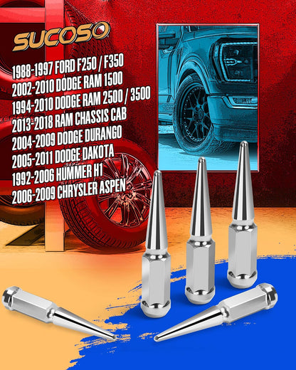 9/16-18 Spike Lug Nuts for 1994-2011 Dodge Ram 2500 3500, 2002-2010 Ram 1500, 1988-1997 Ford F250 F350, 2004-2009 Durango, 32PCS Spiked Lug Nuts 9/16-18 Chrome with Socket Key for Aftermarket Wheel (comes with silver key)