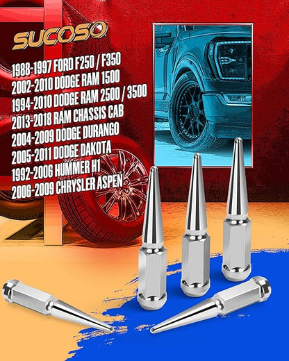 916-18 Spike Lug Nuts for 1994-2011 Dodge Ram 2500 3500, 2002-2010 Ram 1500, 1988-1997 Ford F250 F350, 2004-2009 Durango, 32PCS Spiked Lug Nuts 916-18 Chrome with Socket Key for Aftermarket Wheel