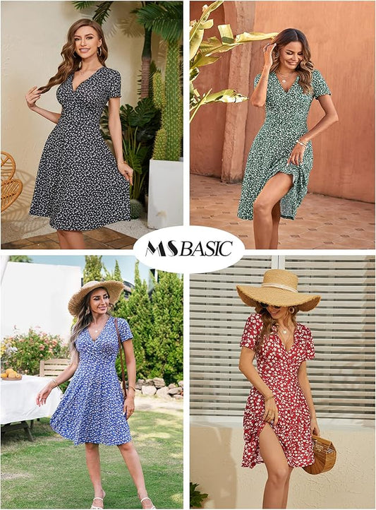 MSBASIC Womens Summer Wrap V Neck Casual Dresses Floral Short Sleeve A-Line Midi Sundress