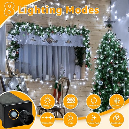 Ollny Christmas Lights 120LED 40FT, Cool White Fairy Lights Waterproof Connectable Timer, 8 Modes Plug in String Lights for Bedroom Outdoor Tree Indoor House Decorations
