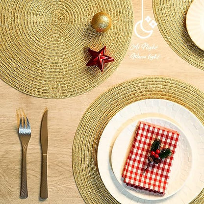 AHHFSMEI Round Braided Christmas Placemats 15 Inch Round Table Mats for Dining Tables Woven Heat Resistant Place mats Set of 6 (Gold Shine)