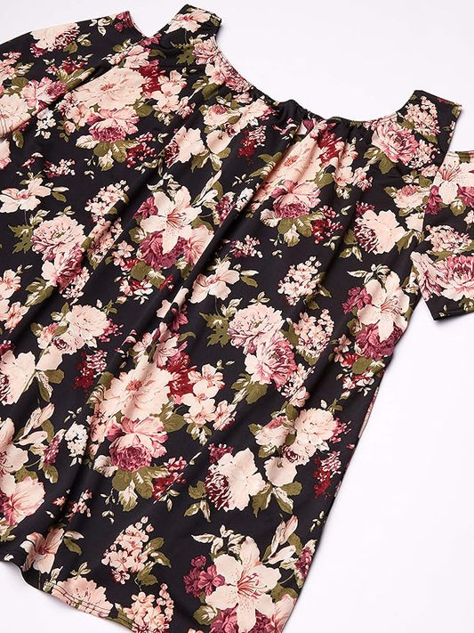 Star Vixen Women's Plus-Size Short-Sleeve Cold-Shoulder Peasant Top, Dark Floral Print, 2X
