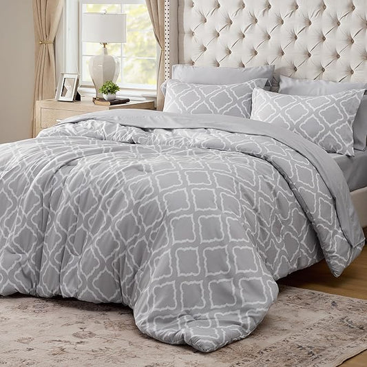 Bedsure Queen Comforter Set 7 Pieces - Grey Quatrefoil Comforters Queen Size, Lightweight Bedding Sets for All Season, Bed in a Bag with Comforters, Sheets, Pillowcases  Shams