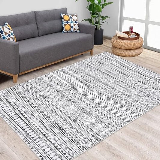 5x7 Machine Washable Area Rug Boho Geometric Area Rug Farmhouse Non-Slip Stain Resistant Modern Rug for Living Room Home Office, 5' x 7'