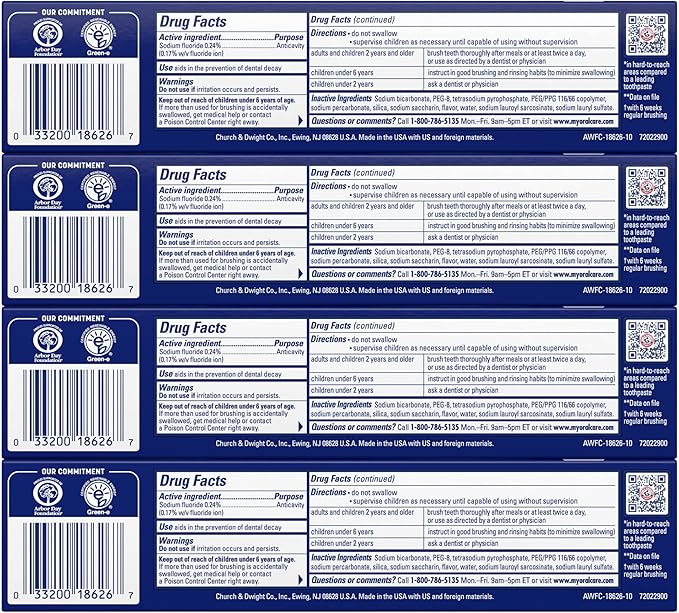 Arm  Hammer Advance White Toothpaste, Clean Mint Flavor, Stain Defense Technology, 6 Ounce (Pack of 4)