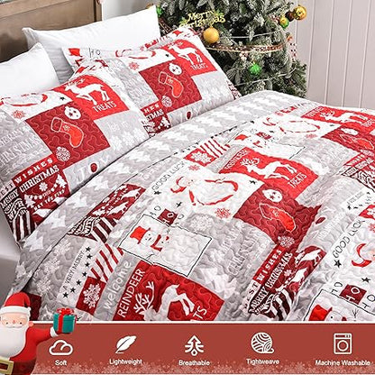 Newspin Christmas Quilt Set Queen Size, Soft Reversible Quilted Christmas Bedspread Coverlet Lightweight FullQueen Quilt Bedding Sets with Xmas Santa Tree Snowman Red Plaid Patchwork Pattern