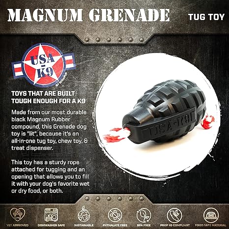 SodaPup USA-K9 Magnum Grenade  Dog Tug Toy, Chew Toy  Treat Dispenser Made in USA from Our Most Durable Non-Toxic, Pet-Safe, Food Safe, Natural Rubber for Strengthening Bond, Exercise,  More